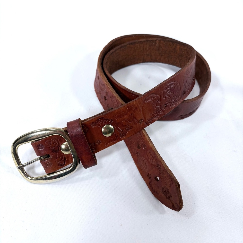 Handmade Leather Belt Brown Religious Cross Ichthys Kokopelli Embossed 32 Inch